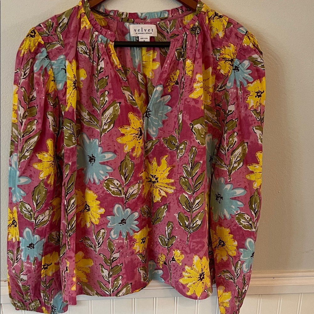 Velvet by Graham & Spencer cotton Women's Floral Blouse - Pink, Yellow, Blue